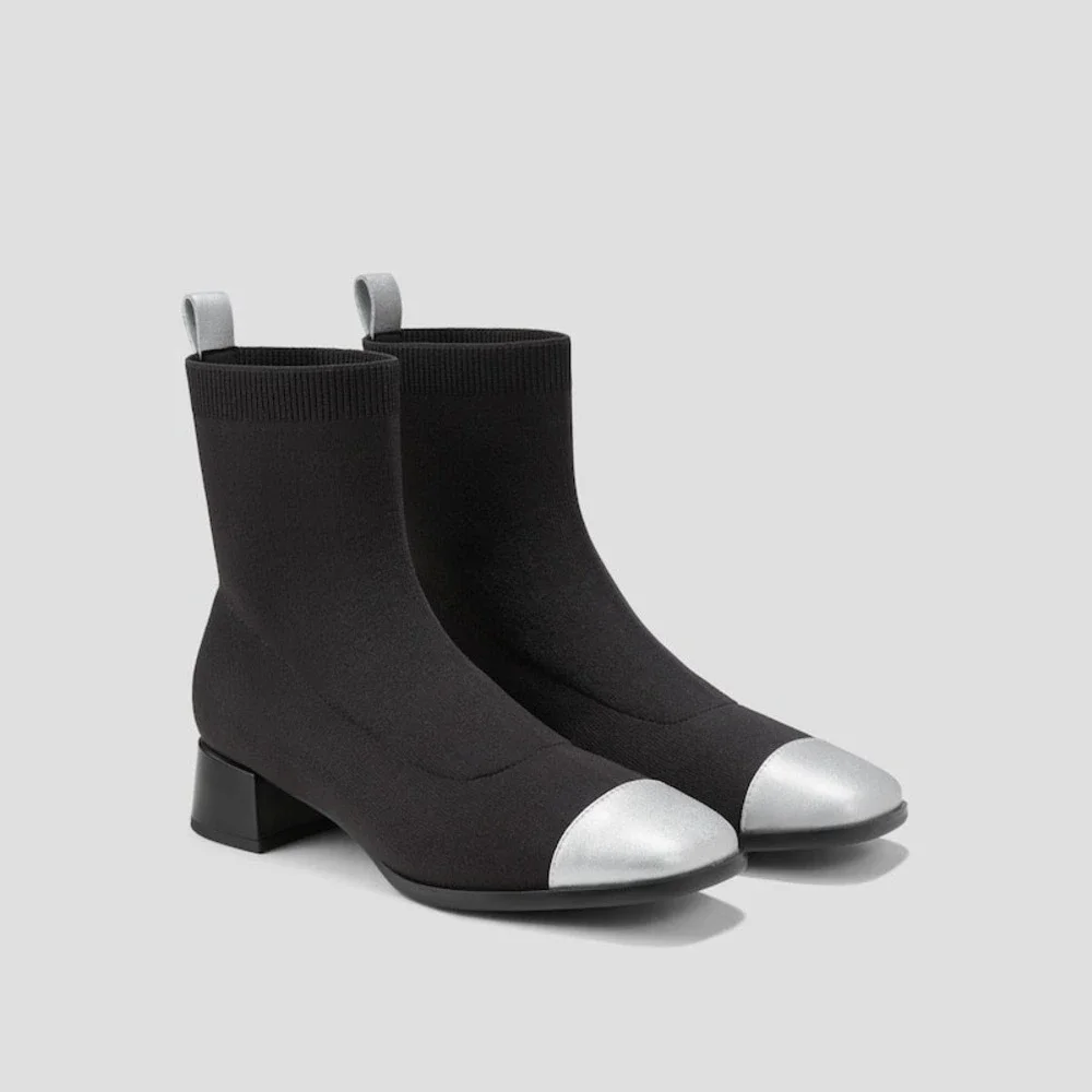 VIVIAIA Sock Boots Black Silver Cap‎ Toe Block Heel Knit Ankle Women Size 7.5